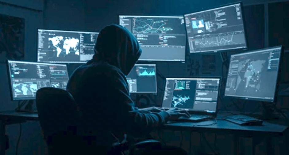 Illustration: a hooded man in front of a green screen in a dark room